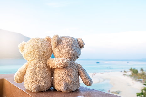 sand, sea, beach, love, toy, bear, pair, two, romantic, couple, teddy, cute, HD wallpaper HD wallpaper
