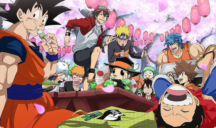 Anime, Crossover, Beelzebub, Gintama, Goku, Ichigo Kurosaki, Katekyō Hitman né de nouveau, singe D. Luffy, Naruto Uzumaki, Danse du croquis, Toriko (Toriko), Fond d'écran HD