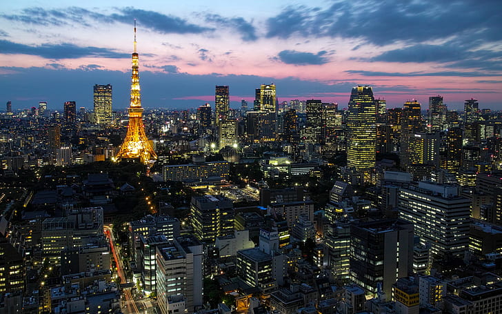 Япония столица Токио, градски светлини, кула, къщи, небостъргачи, здрач, Япония, Токио, град, светлини, кула, къщи, небостъргачи, здрач, HD тапет