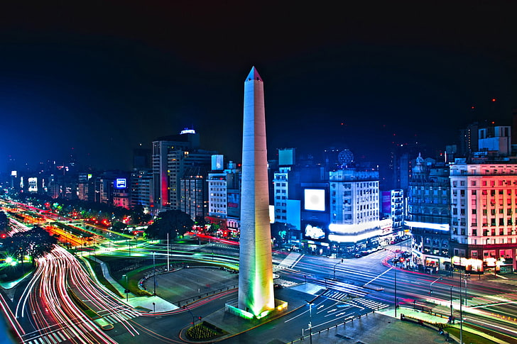 Kota, Buenos Aires, Argentina, Bangunan, Malam, Obelisk, Jalan, Selang Waktu, Wallpaper HD