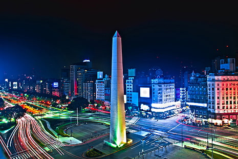 Kota, Buenos Aires, Argentina, Bangunan, Malam, Obelisk, Jalan, Selang Waktu, Wallpaper HD HD wallpaper