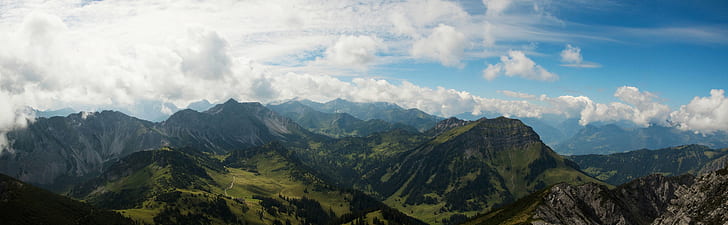 photo de l'herbe verte couverte de montagne sous un ciel clair, photo, herbe verte, couverte, montagne, nature, panorama, arbres, prairie, prairie, alpes, ciel, nuage, nuages, Liechtenstein, sommet de la montagne, paysage, scénique, à l'extérieur, chaîne de montagnes, Fond d'écran HD