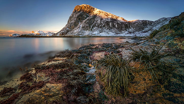 النرويج المناظر الطبيعية الشتوية جبال لوفوتين ساحل Kvalvika سطح المكتب عالية الدقة خلفيات عالية الوضوح 1920 × 1080، خلفية HD