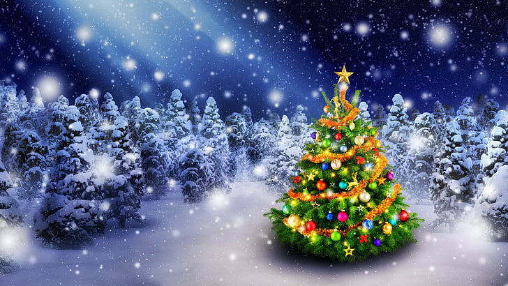 albero di Natale verde con carta da parati digitale baubles e luci di stringa, Natale, Capodanno, neve, abete, 5k, Sfondo HD