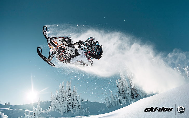 white and orange Ski-doo snowmobile wallpaper, forest, snow, jump, sport, snowmobile, freeride, ski-doo, brp, skidoo, 137, HD wallpaper