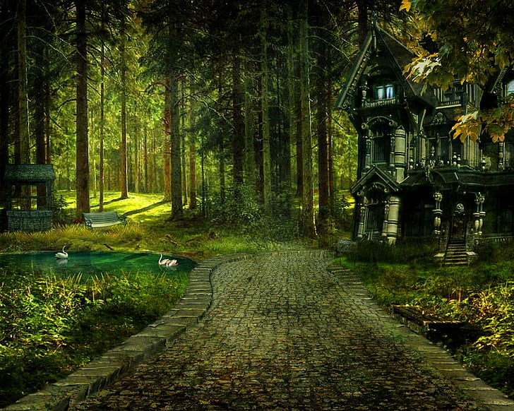 Au fond de la forêt, sentier en béton gris, arbres, forêt, bois, fantaisie, chemin, 3d et abstrait, Fond d'écran HD