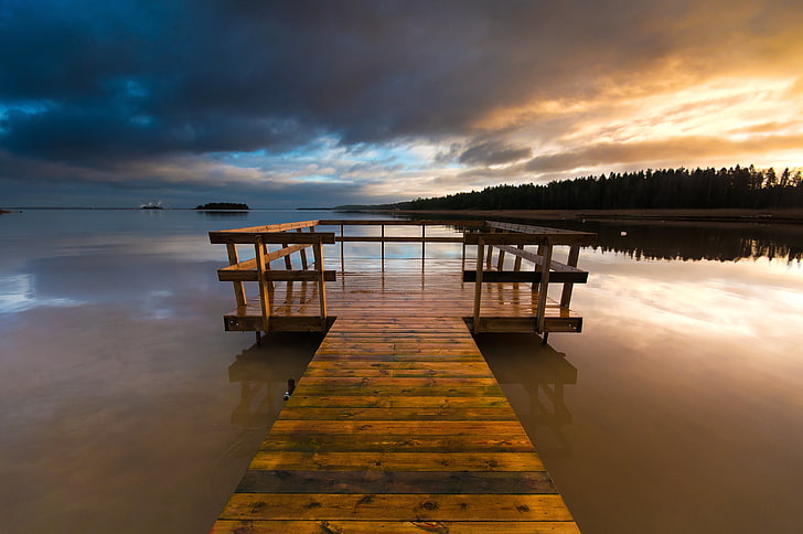 brown wooden boat dock, bridge, lake, wooden, pier, evening, sweden, HD wallpaper