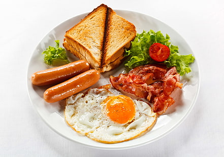 sandwich e salsicce, piatto, colazione, uova fritte, salsicce, carne, verdure, bianco, pane, Sfondo HD HD wallpaper