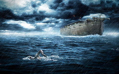 Noah's Ark en la ilustración del cuerpo de agua, EL CIELO, CREATIVO, ANIMALES, LLUVIA, LA DUCHA, NUBES, LA INUNDACIÓN, EL ARCA, ATLETA, MUNDO, INUNDACIÓN, Fondo de pantalla HD HD wallpaper
