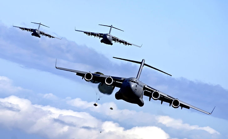 War Airplane 51, tres aviones jet grises, Ejército, Avión, Fondo de pantalla HD