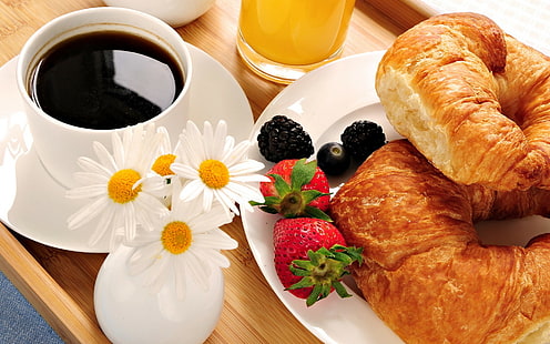 завтрак, кофе, еда, клубника, HD обои HD wallpaper