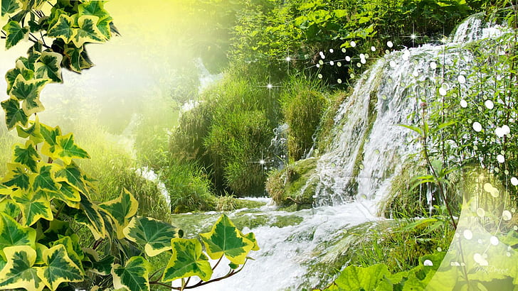 Światło słoneczne na wodospadach, krople wody, słońce, światło słoneczne, drzewa, wiosna, wodospady, światło, lato, poranek, przyroda i lan, Tapety HD