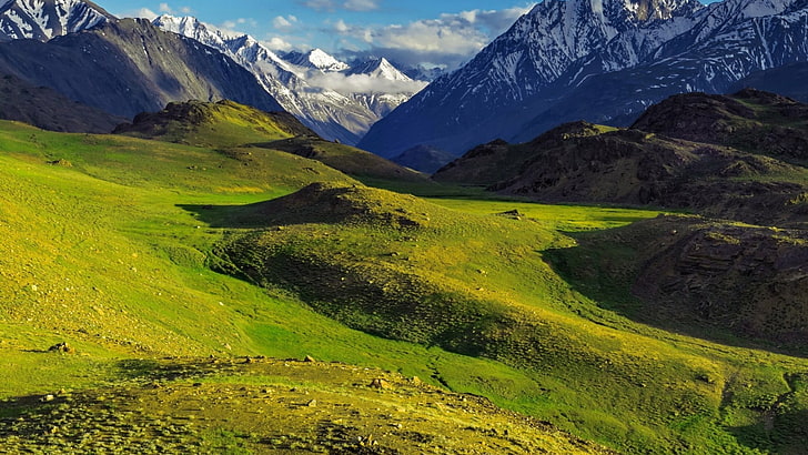 gräsmark, natur, bergiga landformer, vildmark, bergslandskap, berg, bergskedja, dal, himmel, gräs, kulle, himalaya, Indien, Kashmir Valley, HD tapet