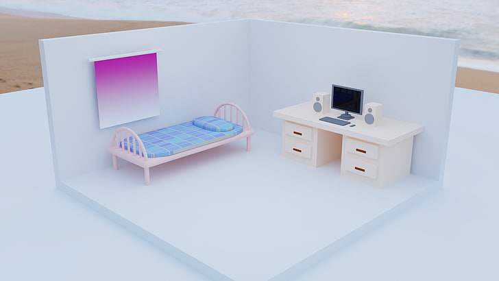 izometryczny, minimalizm, Blender, kolorowy, pokój, 3D, komputer, łóżko, Tapety HD