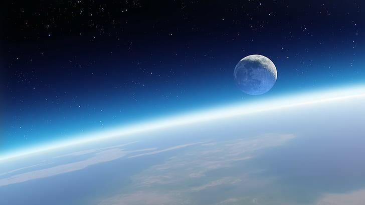 ดวงจันทร์, ท้องฟ้าเต็มไปด้วยดวงดาว, บรรยากาศของโลก, โลก, อวกาศ, ดาวเคราะห์, วอลล์เปเปอร์ HD