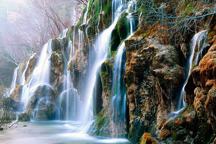 Mountains Waterfalls, water, nature, watercourse, waterfall, 3d and abstract, HD wallpaper