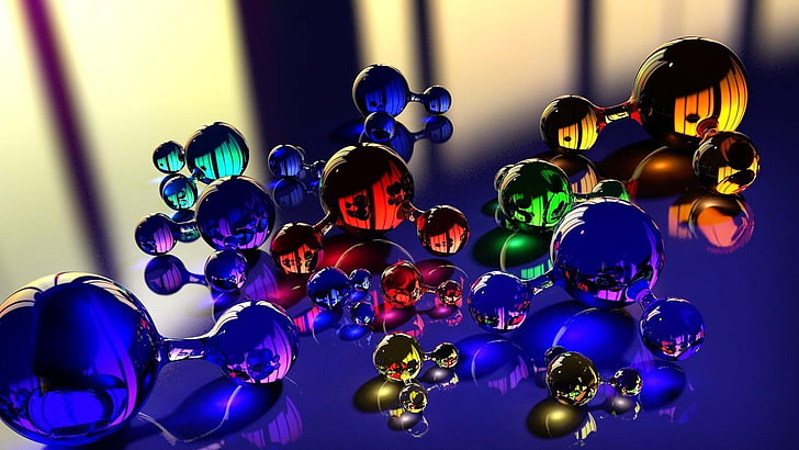 molécula, masajeador, vidrio, colores, gráficos, bola, reflexión, colorido, color, moléculas, 3d, arte digital, Fondo de pantalla HD