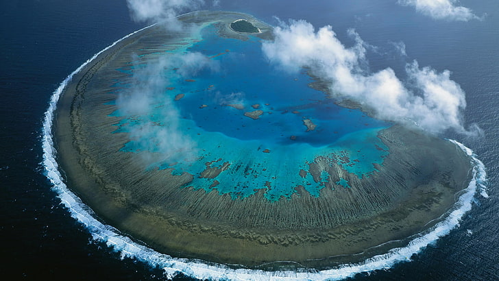fotografía aérea de isla, mar, Australia, panorama, la gran barrera de coral, atolón de coral, Fondo de pantalla HD