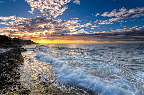 جسم مائي ، أليكانتي ، فالنسيا ، إسبانيا ، البحر الأبيض المتوسط ​​، غروب الشمس ، الساحل، خلفية HD HD wallpaper