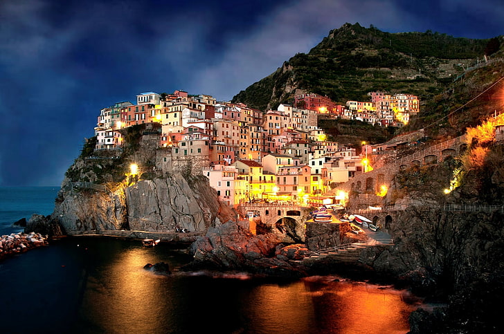 Costiera Amalfitana, notte, città, rocce, costa, casa, barche, la sera, Italia, Amalfi, Sfondo HD