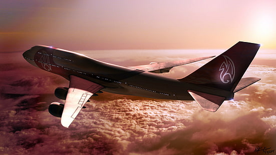 Полет на самолет Boeing 747, облаци, слънце, Boeing, Самолет, Полет, Облаци, Слънце, HD тапет HD wallpaper