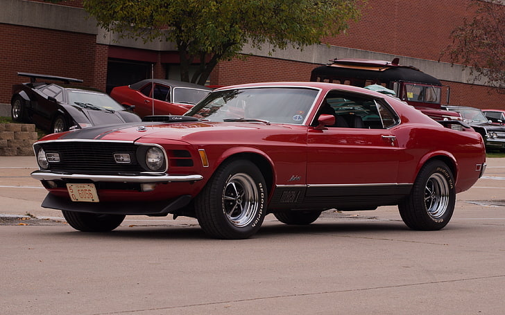 czerwone coupe, Ford Mustang, muscle cars, mach 1, Tapety HD