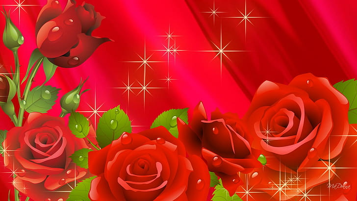 Rosas são vermelhas, estrelas, cetim, brilhante, flores, primavera, dia dos namorados, gotas de orvalho, verão, rosa, 3d e abstrato, HD papel de parede