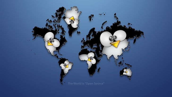 Penguin world map illustration, linux, black, penguin, planet, continents, HD wallpaper