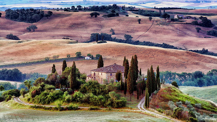 italy, tuscany, scenery, house, podere belvedere, villa podere belvedere, val dorcia, valdorcia, cypress, cypresses, countryside, hill, hills, autumn, HD wallpaper