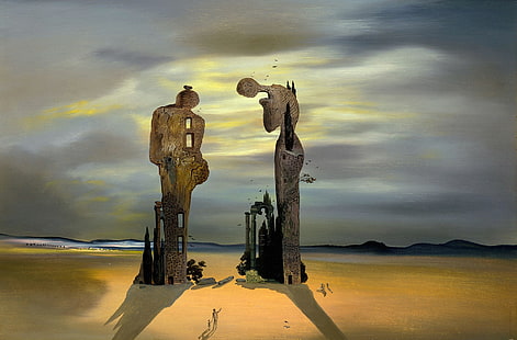 two human statues on field abstract painting, surrealism, picture, Salvador Dali, Archeological Reminiscence Millet Angelus, HD wallpaper HD wallpaper