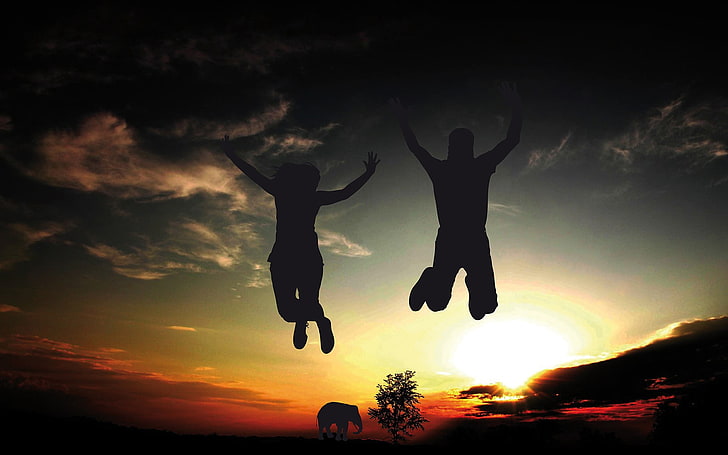 silhouette of man and woman, people, jumping, elephant, sky, silhouette, HD wallpaper