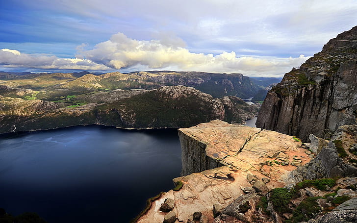 Preikestolen (pulpit Rock), mountain, fjord, panorama, nature, blue, top of the world, clouds, 3d and abstract, HD wallpaper