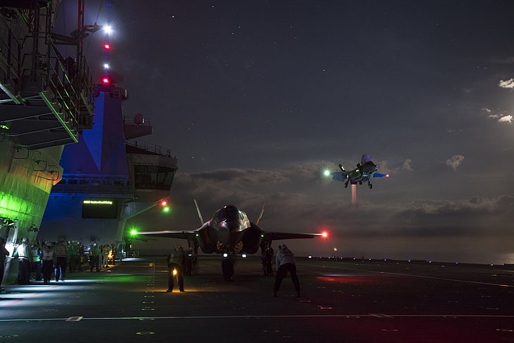 F-35B Lightning II, navy, aircraft carrier, military aircraft, military, night, aircraft, HD wallpaper