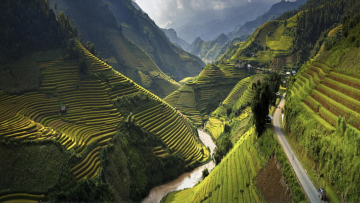 Manzara Terasasti Pirinç Mu Cang Chai Bölgesi Ile Alanlar, Yen Bai Eyaleti, Vietnam 2880 × 1620, HD masaüstü duvar kağıdı