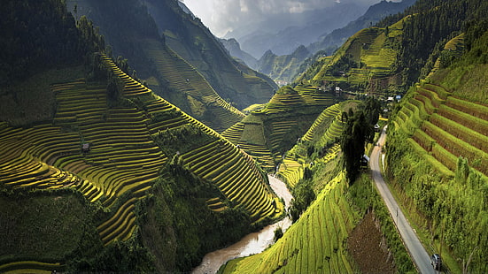 Manzara Terasasti Pirinç Mu Cang Chai Bölgesi Ile Alanlar, Yen Bai Eyaleti, Vietnam 2880 × 1620, HD masaüstü duvar kağıdı HD wallpaper