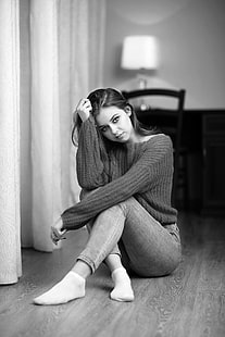 흑백, Murat Kuzhakhmetov, 여성, 앉아, HD 배경 화면 HD wallpaper