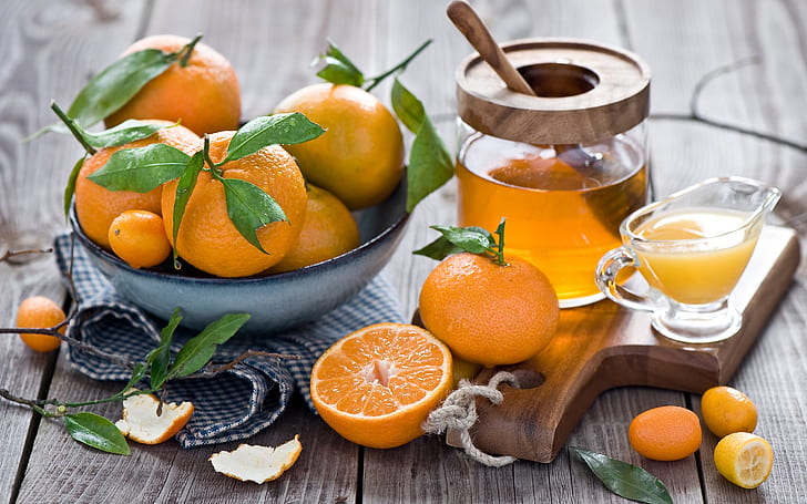 キンカン、柑橘類、フルーツ、オレンジ、蜂蜜、ジュース、キンカン、柑橘類、フルーツ、オレンジ、蜂蜜、ジュース、 HDデスクトップの壁紙