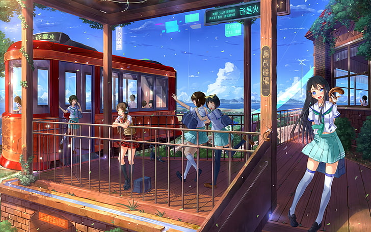 anime anime girls train station schoolgirls, HD wallpaper