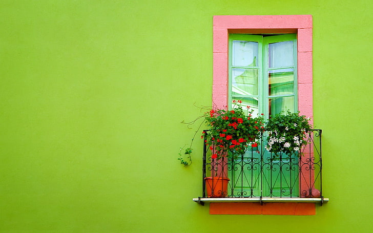 green wooden framed clear glass window, green, wall, Window, balcony, HD wallpaper