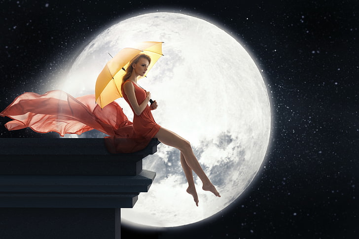 женщина, держащая желтый зонт иллюстрация, лицо, луна, женщина, девушки, HD обои