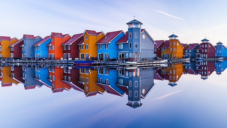 reitdiep marina, hamn, skandinaviska, skandinaviska byggnader, europa, holländska, hus, holländska hus, marina, reitdiephaven, nederländerna, groningen, turistattraktion, himmel, vatten, reflektion, blå, HD tapet