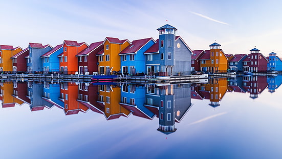 пристань для яхт, гавань, скандинавские, скандинавские здания, европа, голландский, дома, голландские дома, пристань для яхт, рейтдифавен, нидерланды, гронинген, туристическая достопримечательность, небо, вода, отражение, синий, HD обои HD wallpaper