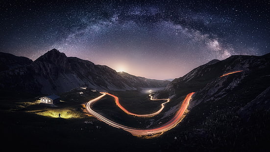 starry nights, nature, landscape, Milky Way, mountains, road, starry night, lights, Italy, house, long exposure, HD wallpaper HD wallpaper