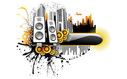 Music City, цифровая иллюстрация двух спикеров, город, музыка, вектор и дизайн, HD обои HD wallpaper