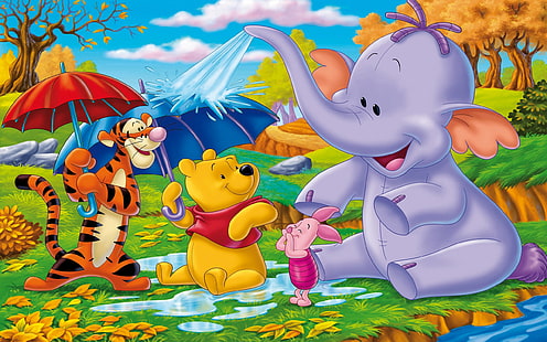 Winnie The Pooh Piglet Elephant Tigar Cartoon Kids Game Spraying Water Hd Wallpaper 2560 × 1600, Fondo de pantalla HD HD wallpaper