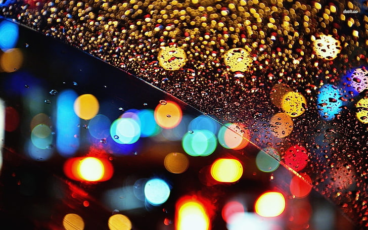 assorted-color bokeh lights, rain, water drops, lights, water on glass, bokeh, HD wallpaper