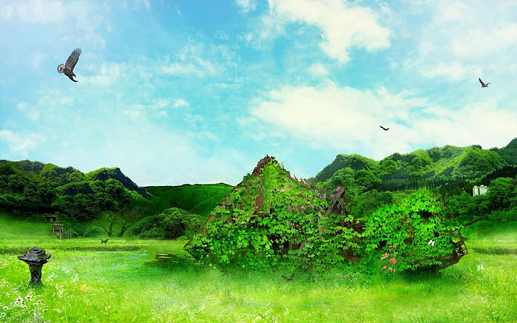 ilustrasi pohon berdaun hijau, burung, gulma, hijau, fragmen, daun, Wallpaper HD