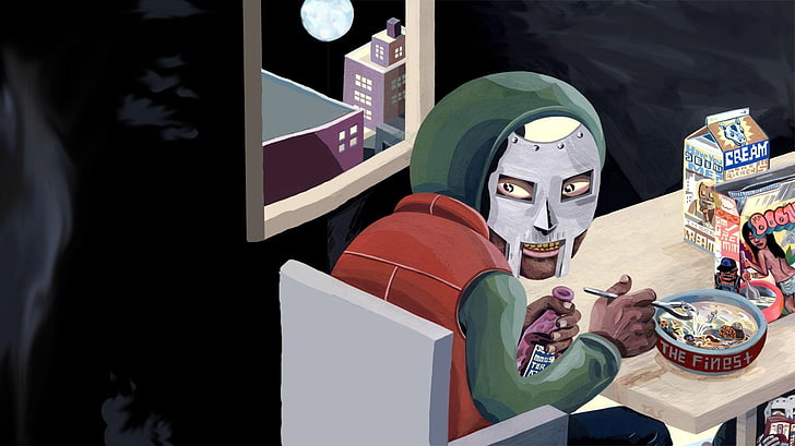 baby's green and red carrier, MF DOOM, music, hip hop, mask, album covers, HD wallpaper