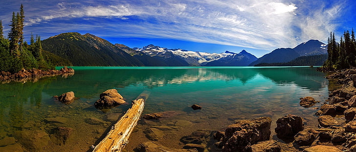 painting of lake, lake, British Columbia, Canada, mountains, forest, clouds, turquoise, snowy peak, summer, nature, blue, white, panoramas, water, landscape, HD wallpaper