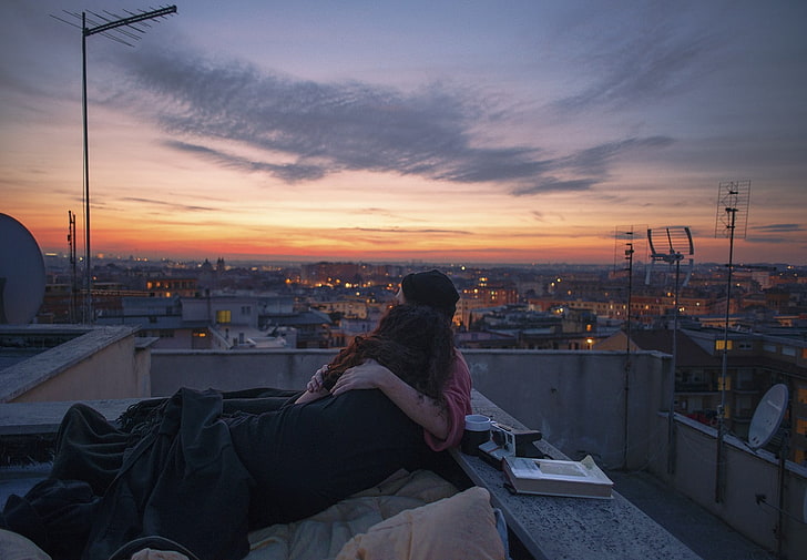 couple, sunset, romantic, HD wallpaper